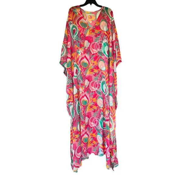 TRINA TURK Salon Maxi Caftan Dress in Dramont Size 12 Resort Multicolor Peacock - Picture 3 of 13
